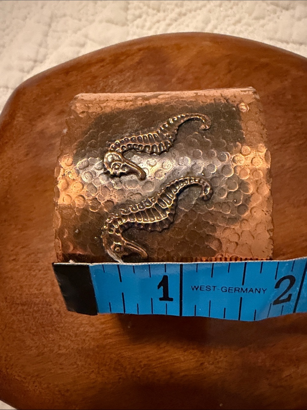Cuff Bracelet Sea Horses, Copper Tone Finish, Textured Metal, Bevel Edge Detail - Picture 9 of 9